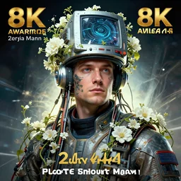 hyperrealist portrait of a 2 0 4 4 space sport engineer, it is decorated with long wires and white flowers that fall like vines and wears a huge computer crown. by jeremy mann and alphonse mucha, fantasy art, photo realistic, dynamic lighting, artstation, poster, volumetric lighting, very detailed faces, 8 k, award winning