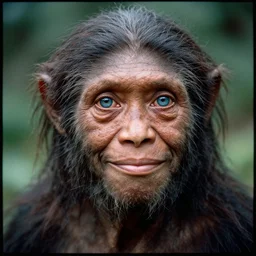 “ a primitive pre-human woman Neanderthal looking deeply to the camera, blue eyes, smiling, anthropology photography, color kodakcrhome 64,National Geographic ”