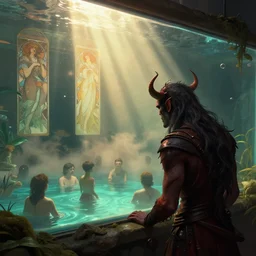 A demon looks a an aquarim with people in it, sunrays, dust in the air, DnD character, unreal engine, octane render, dramatic lighting, pond, digital art, by Stanley Artgerm Lau, greg rutkowski, thomas kindkade, alphonse mucha, loish, norman Rockwell,