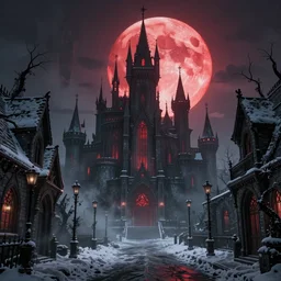 gothic castle in the style of aetherpunk, a snowy street, huge red moon, global illumination, smoke, detailed and intricate environment, mysterious