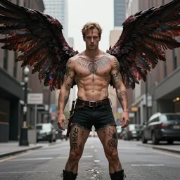 Sam Winchester as a muscular angel with demon wings wide open, whole body tattooed with runes and satanic symbols, urban fantasy romance book cover, D&D!, fantasy style, sharp focus!, ultra detailed, art by Artgerm and Peter Andrew Jones, WLUP