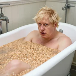 Boris Johnson in a bathtub full of beans