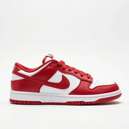 a press photograph of nike dunk low red and white, size 1 0, white background