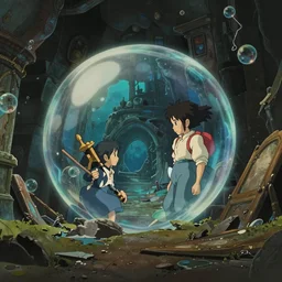 realistic interior shot from howl's moving castle ( 2 0 0 4 ) of a cubic bubble time portal in a crumbling flooded atlantis, cartoon, depth of field.