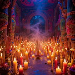 a room is lit by dozens of flickering candles, and the air is thick with incense. highly detailed, digital photo, HDRI, by christopher bretz and kael ngu, vivid colors, high contrast, 8k resolution, intricate, photorealistic, smooth, psychedelic color scheme,