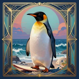a psychedelic surfing penguin, art station, art deco