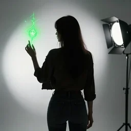 photo still of behind view, dark silhouette of a young woman, enchanting a green spell, shirt, jeans 8 k, studio lighting bright ambient lighting key light, 8 5 mm f 1. 8