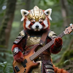 photo of a humanoid red panda dressed in armor with a golden helmet on the head, plays the bass guitar in the forest