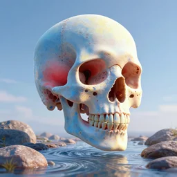 A beautiful digital artwork of a cellular automata skull in the sky. Blue and red and yellow pastel color scheme, dramatic soft lighting, clear skies. A flowing river with rocks, by Jeffrey Smith and Tyler Edlin and Patrice Murciano.  Octane render, PBR, path tracing, octane render, subsurface scattering.