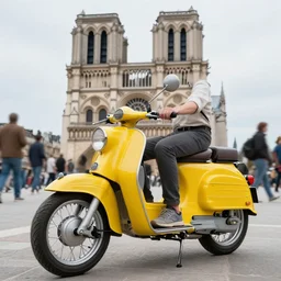 vintage yellow moped ( ( mobylette ) ) driven by hipster past notre dame cathedral over crowded cobblestone at sunrise, concept art, octane render, unreal engine 5, trending on artstation, high quality, 8 k, soft lighting, path traced, hyperrealistic, highly detailed, digital art, symmetrical, cinematic, high coherence, godrays