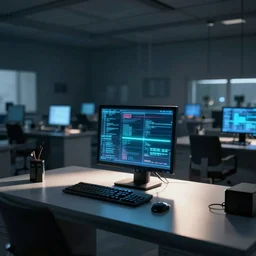 a lone computer blinking in an empty lab, a scene in the style of rhads on artstation