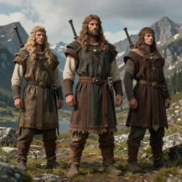 costume design made by nordic tribes, sophisticated composition, old masters light composition, procedurally generated, epic human character posing for concept art, beautiful mountains behind, substance designer, PBR, HD, Ultra detailed, hyperrealistic, megascans, volumetric light, concept by master artist, made in paint tool SAI2, trending pixiv face, natural light, dissolution filter ,turbulence filter