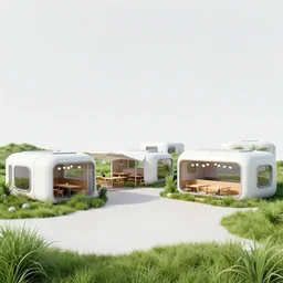 a open plaza area with a restaurant at the side, in the middle of a small colony, with buildings made from modular capsules, on an alien grassland, on an alien planet, from a space themed point and click 2 d graphic adventure game, set design inspired by hg giger and ridley scott and tomb raider, art inspired by thomas kinkade
