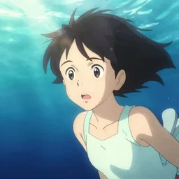 incredible underwater movie scene, anime background, simple watercolor, harsh bloom lighting, rim light, astronaut exploring underwater abandoned city, paper texture, movie scene, forground astronaut exploring, yellow graffiti in shinjuku junk town, yellow awning, old pawn shop, bright sun, coral growing on buildings
