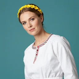 a portrait of beautiful nordic woman wearing a white folkdrakt dress and headband of small yellow flowers. teal studio backdrop, medium close - up shot. dutch angle.
