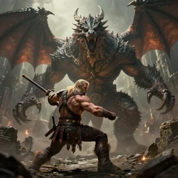 28mm Closeup macro view of conan the Barbarian, fighting a very very huge  massive giant fantasy one headed dragon a dungeon, in the style of greg rutkowski, concept art, rim lighting, dark souls, unreal, ray tracing