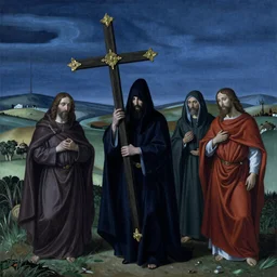 A Holy Week procession of four souls in a Spanish landscape at night. A figure at the front holds a cross. El Greco, Remedios Varo, Salvador Dali, Carl Gustav Carus, John Atkinson Grimshaw. Blue tint.
