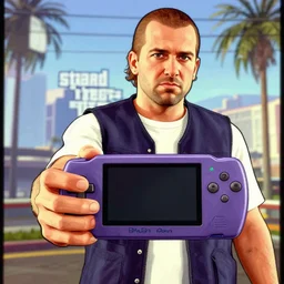 stuart ashen holding a fake playstation portable in gta 5, cover art by stephen bliss, no text