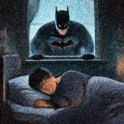 man sleeping in bed with batman lurking menacingly in the window. artstation