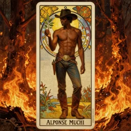 a dramatic ethereal epic painting of a handsome black cowboy offering a small plant | background is a fire flames conflagration forest | he is shirtless and wearing a hat and boots | tarot card, art deco, art nouveau, homoerotic | by Mark Maggiori and Alphonse Mucha | trending on artstation