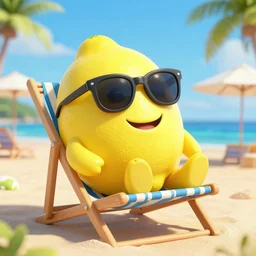 an amazing award winning photo of a huge smiling lemon with sunglasses sitting in a beach chair on a beautiful beach resort, digital art, masterpiece, very detailed