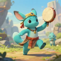 3 d rendered digital painting of cyan spirit axie pet dances holding shaman tambourine like shaman, in a fantasy mmo, ghibli studio