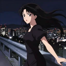 anime visual, portrait of an elegant woman sightseeing above the city at night, long flowing hair, guardrail, dark, beautiful face by yoh yoshinari, katsura masakazu, dynamic pose, dynamic perspective, ilya kuvshinov, strong silhouette, anime cels, wideangle, rounded eyes, realistic proportions, dramatic, detailed facial features