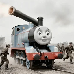 WW2 era photograph, the face of Thomas the tank engine attached to a 800mm German super-heavy-mortar with a huge gun barrel shooting, there are german soldiers running around