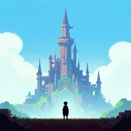 lone figure stands silhouetted in foreground of pixel art landscape of an elven magicians tower with bright light shining from top, misty mysterious, strange magic, beautiful rolling hills, sunset, cliffs, warm light, artstation, deviantart