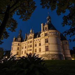 a renaissance castle in a forest with a glowing night sky, upward angle, by andreas rocha