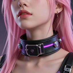 detailed realistic female character cyberpunk wearing thick technological , pink hair, pulp style collar around neck, realistic, art, beautiful, 4K, collar, choker, collar around neck, punk, artstation, detailed, female, woman, choker, cyberpunk, neon, punk, collar, choker, collar around neck, thick collar, tight around neck, punk,