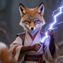 beautiful portrait of a female anthropomorphic coyote fursona wearing jedi robes being painfully struck by sith lightning. detailed hands. character design by charlie bowater, ross tran, artgerm, and makoto shinkai, detailed, soft lighting, rendered in octane