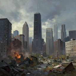 post - apocalyptic chicago artistic painterly by greg rutkowski and trending on artstation, favorites on deviantart