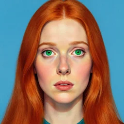 a portrait of a woman straight long red hair big nose and big sad green eyes vibrant color scheme, intricately detailed, in the style of 1 9 6 0. artstation, manet norman rockwell