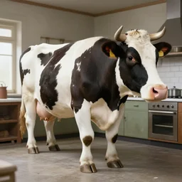 a giants cow in a stalinist style kitchen, by mini dv camera, very very low quality, heavy grain, very blurry, accidental flash, caught on trail cam