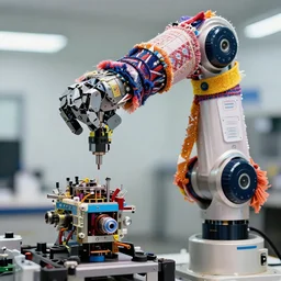 a close up of a robotic arm dressed with fancy synthetic clothes manufacturing a complex object, color photo, various levels of details