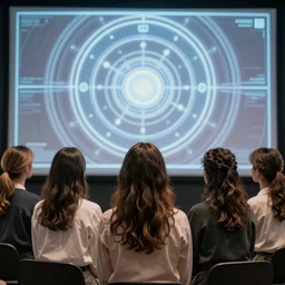 a group of women with their backs turned to the camera and staring at a large hypnotic screen, concept art, photorealistic