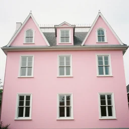 film photography from 7 0 s, pink house with many windows, soft light, golden hour, in style of joel meyerowitz