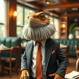 a bearded dragon standing up, wearing a suit and tie in a restaurant.