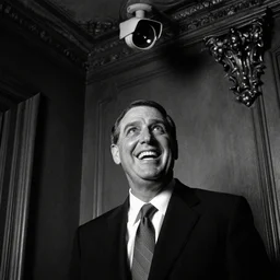 Ted Cruz with a wide grin looking up at a security camera from a distance, black and white, creepy lighting, scary, horror, ornate, eerie, fear