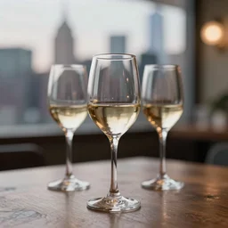 5 5 mm photo of wine glass on a wooden table with the new york city skyline in the background. dof. bokeh. magical atmosphere. highly detailed 8 k. intricate. lifelike. soft light. nikon d 8 5 0.