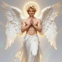 fullbody portrait of a beautiful young fit male angel with curly blond hairs, soft smile, closed eyes, blessing palms, dressed in long fluent skirt, majestic symmetrical eagle wings, luminous halo, by greg rutkowski and alphonse mucha, gradient white to gold, in front of an iridescent background, highly detailed portrait, digital painting, smooth, glowing outline, focus illustration
