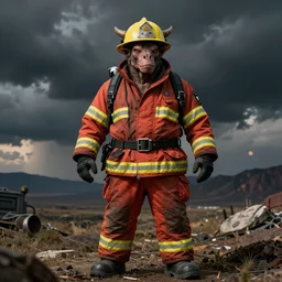 minotaur in a fireman costume, beefcake calendar photo