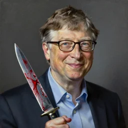 portrait of bill gates with a knife as the zodiac killer bloodied, an oil painting by ross tran and thomas kincade