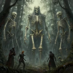 horrifying depiction of huge ancient skeletal death god statues, deep in the forest, dawn, low light, artstation, alphonse mucha, realistic art deco, elden ring, jean gireaud, hiroshi yoshida, zdzisław beksinski, painted by craig mullins