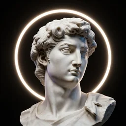 a neon circle surrounding the head of a renaissance statue, 3 d render, black background, ray tracing, 8 k resolution, sharp focus, hyper detailed, hyper realistic