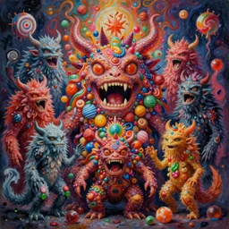 a ultra high hyperdetailed painting with complex textures of a group of monsters united within a larger monster, made of candies and psychotropic psychoactive substances psychedelic fulcolor spiritual chaos surrealism horror bizarre psycho art