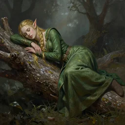 a female elf from lord of the rings rests on a log, detailed matte fantasy painting, cinematic lighting, deviantart artstation, by greg rutkowski, by peter mohrbacher