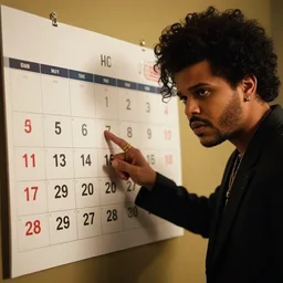 a scene from a movie, The Weeknd pointing to his favorite day of the week on a calendar