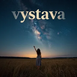 a beautiful landscape of a starry sky with an beautiful woman waving to the horizon, cinematic, dramatic, color grading, photojournalism, colorful, highly detailed, album cover with text vystava